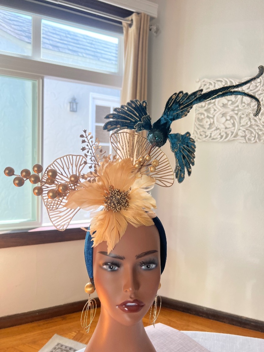 Teal blue and Gold Fascinator with a velvet gold and teal floating bird